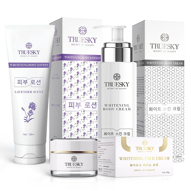 Bộ sản phẩm làm trắng da mặt và toàn thân Truesky VIP02 gồm 1 kem dưỡng trắng da mặt 20g + 1 kem ủ trắng 100g + 1 kem dưỡng trắng Lavender 100g