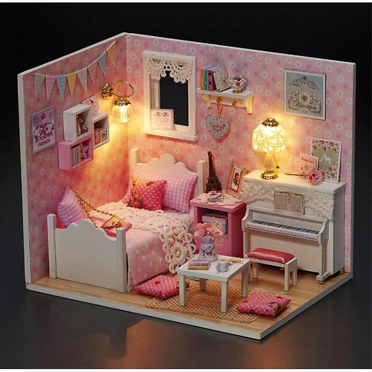 Mô hình nhà búp bê Cute Room - phòng ngủ màu hồng Sunshine Princess có đàn piano trắng (kèm mica che bụi + keo dán)
