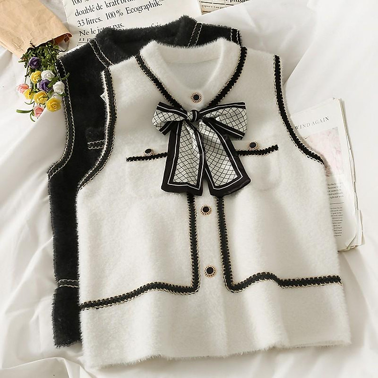 Áo Gile Nữ Len Lông Đính Nơ AK13 Hàng Quảng Châu