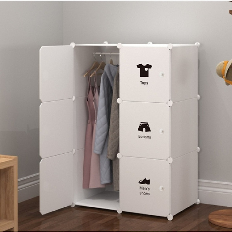 Tủ Nhựa 6 ô - Khung Trắng , Cửa Trắng , Decal Quần Áo 1 Thanh Treo