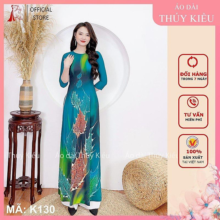Áo dài trung niên may sẵn thiết kế đẹp cách tân tết nền xanh lạ K130 Thúy Kiều mềm mại, co giãn, áo dài giá rẻ