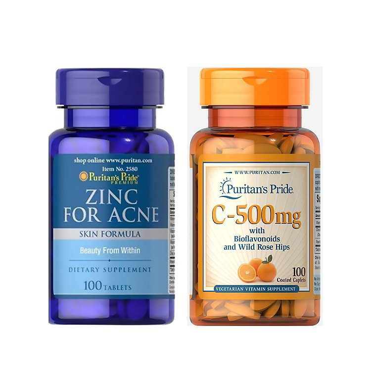 Combo thực phẩm bảo vệ sức khỏe ngăn ngừa mụn, giảm thâm ZinC for Acne (Kẽm ngăn ngừa mụn) và Vitamin C-500mg