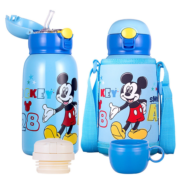 Disney baby sippy cup children's mug men and women baby cup students outdoor portable 316 stainless steel kettle with cup cover double cover blue Mickey 550ml