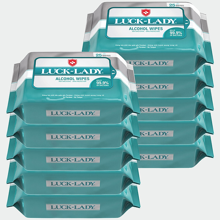 Combo 10 Gói Khăn Ướt Luck Lady Cồn ( 25 Tờ/ Gói)