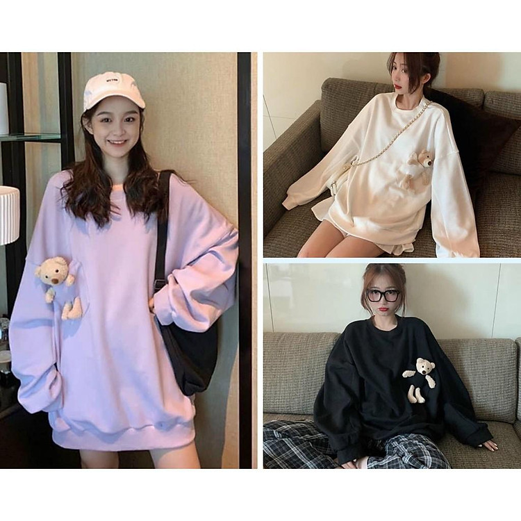 Áo Sweater Dáng Rộng Có Gắn Gấu Bông Xinh Xắn Trước Ngực Nhiều Màu Thu Đông