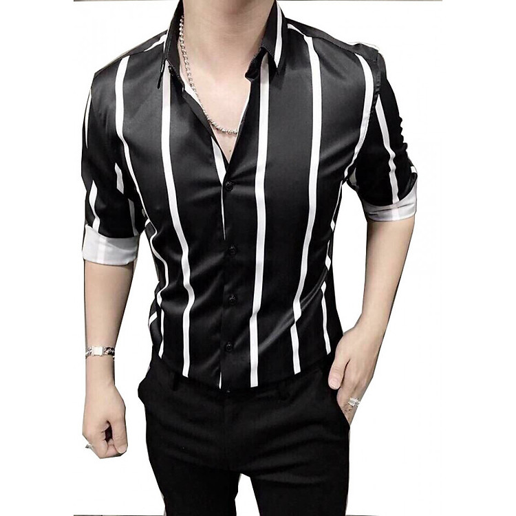 Áo sơ mi nam tay dài sọc đen to trắng