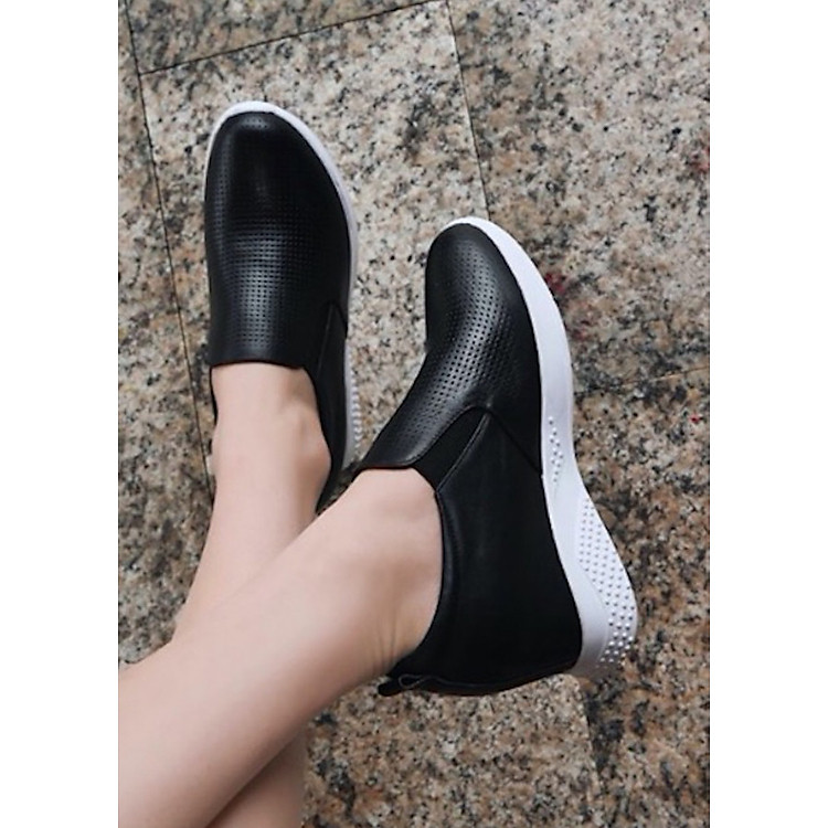 Giày slip on độn 7p da cao cấp siêu mềm siêu nhẹ màu đen