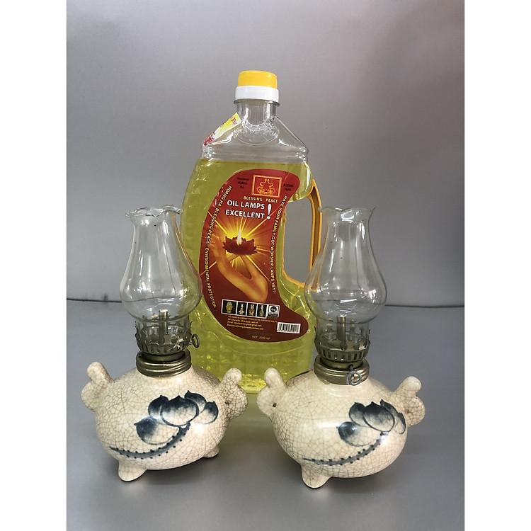 Combo 2 chiếc đèn dầu men rạn vẽ sen (tặng kèm 1 chai dầu 500ml) - TL47