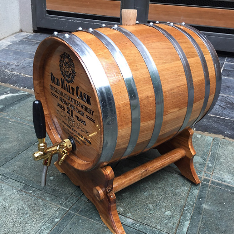 THÙNG GỖ SỒI NGÂM Ủ RƯỢU - 20 LIT CÓ KHẮC MẶT VÀ LẮP VÒI CROM CAO CẤP, ĐAI INOX