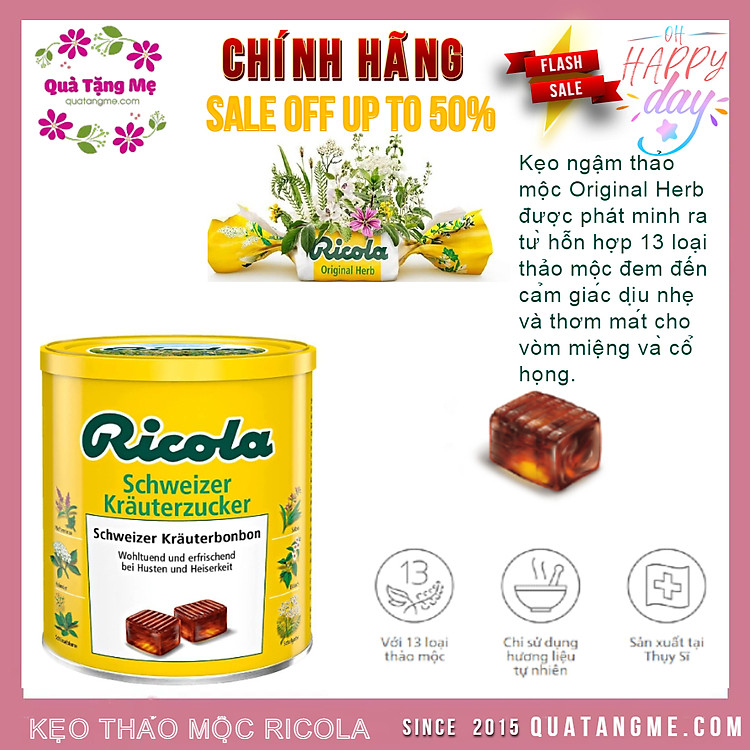 Kẹo ngậm đau họng Ricola Shweizer Krauterzucker tạo cảm giác dịu nhẹ và thơm mát miệng và cổ họng - QuaTangMe Extaste