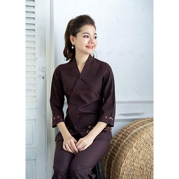 Áo Lam Đi Chùa - Vạt Chéo Thêu Gấu Màu Nâu Gụ