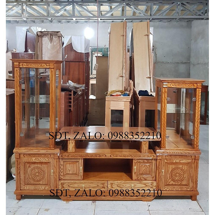 Kệ tivi 2 cột kính gỗ sồi Nga từ 2m đến 2m4