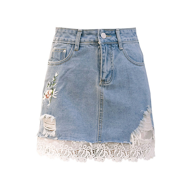 Chân váy ngắn jean rách thêu hoa phối ren xanh - CV048