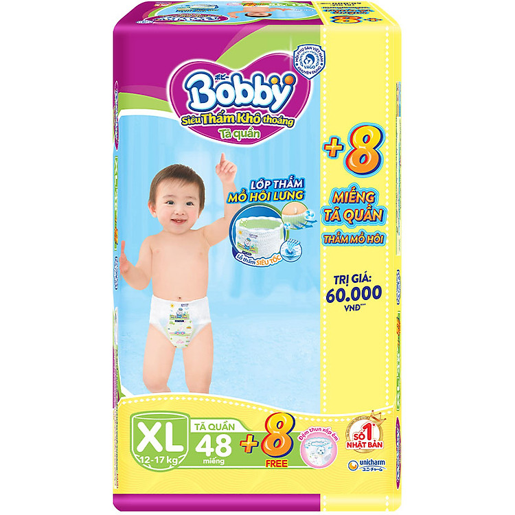 Tã quần Bobby - Đệm Lưng Thấm Mồ Hôi XL48 (48 miếng) - Tặng 8 miếng trong gói