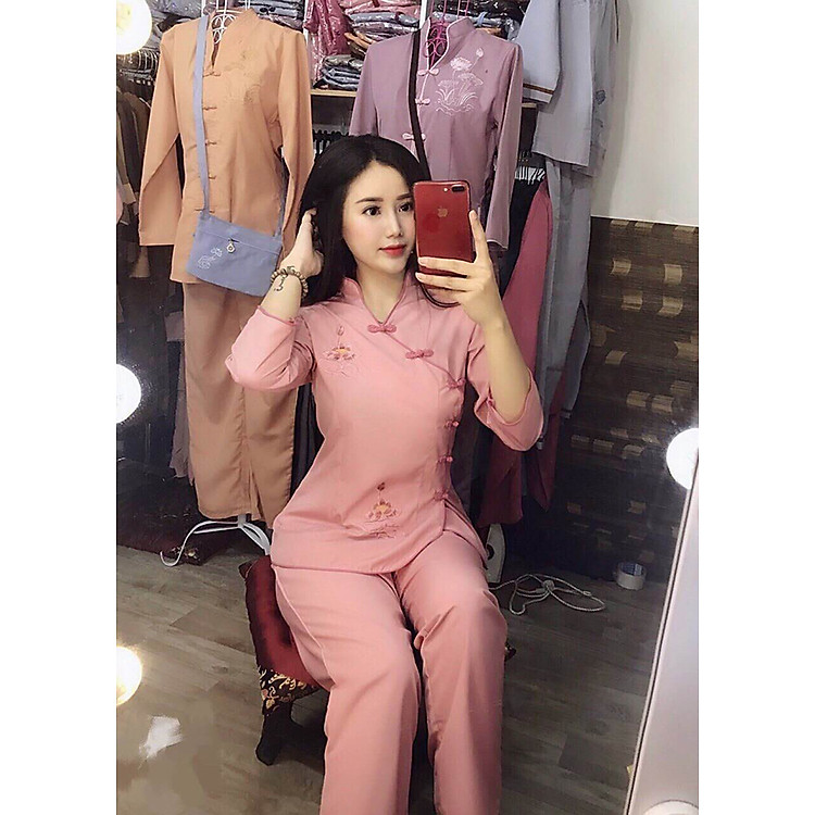 Áo Lam Đi Chùa - Cổ Tàu Cài Lệch Màu Hồng