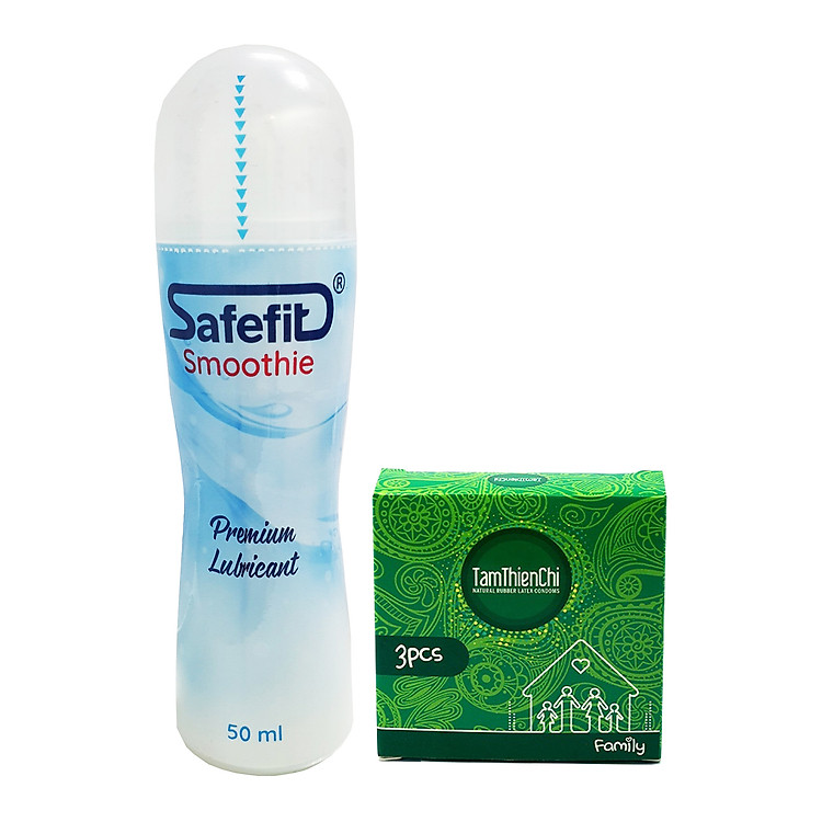 Gel bôi trơn gốc nước tiệt trùng Safefit chai 50ml tặng Bao cao su mỏng trơn gia đình Tâm Thiện Chí Family hộp 3 cái