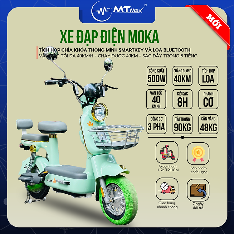 Xe Đạp Điện MOKA PRO - Vận Hành Mượt Mà, Động Cơ 500W, Vận Tốc 40Km/H, Sạc Đầy Trong 8 Tiếng, Tích Hợp Loa Bluetooth Và Chìa Khóa Thông Minh Chống Trộm, Hàng Nhập Khẩu