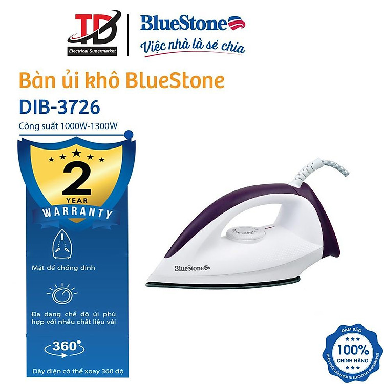 Bàn ủi khô Bluestone DIB-3726 công suất 1300W - Bảo hành điện tử 2 năm - Hàng chính hãng
