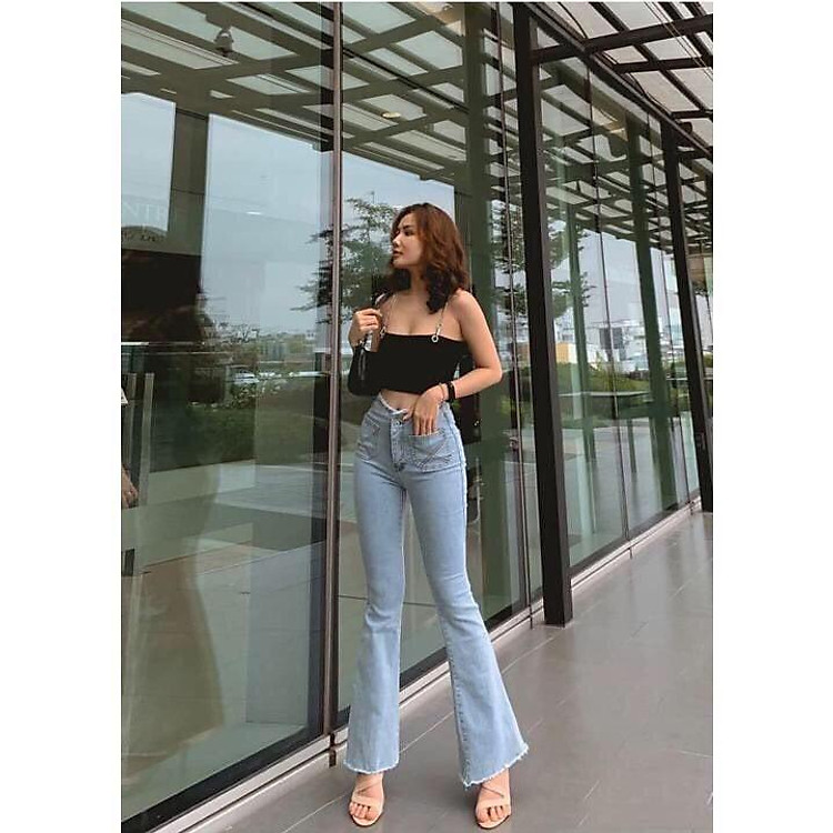 Quần Jeans Nữ Ống Loe Dài Tua Rua Tôn Dáng