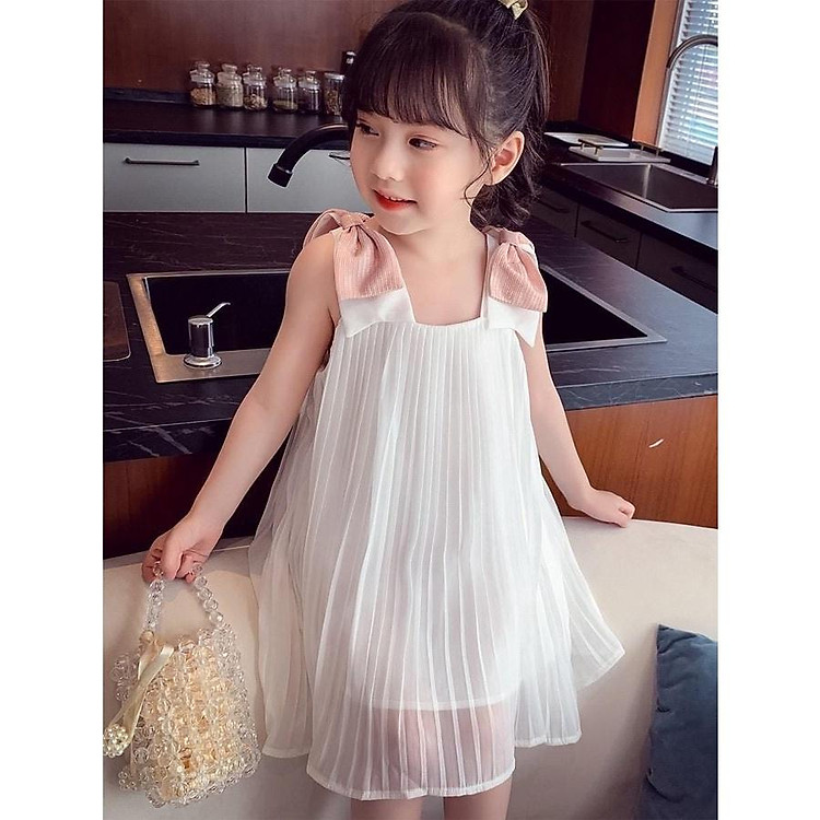 Đầm babydoll đính nơ vai cho bé gái thật đáng yêu từ 15-40kg chất voan chifon dập ly sịn sò