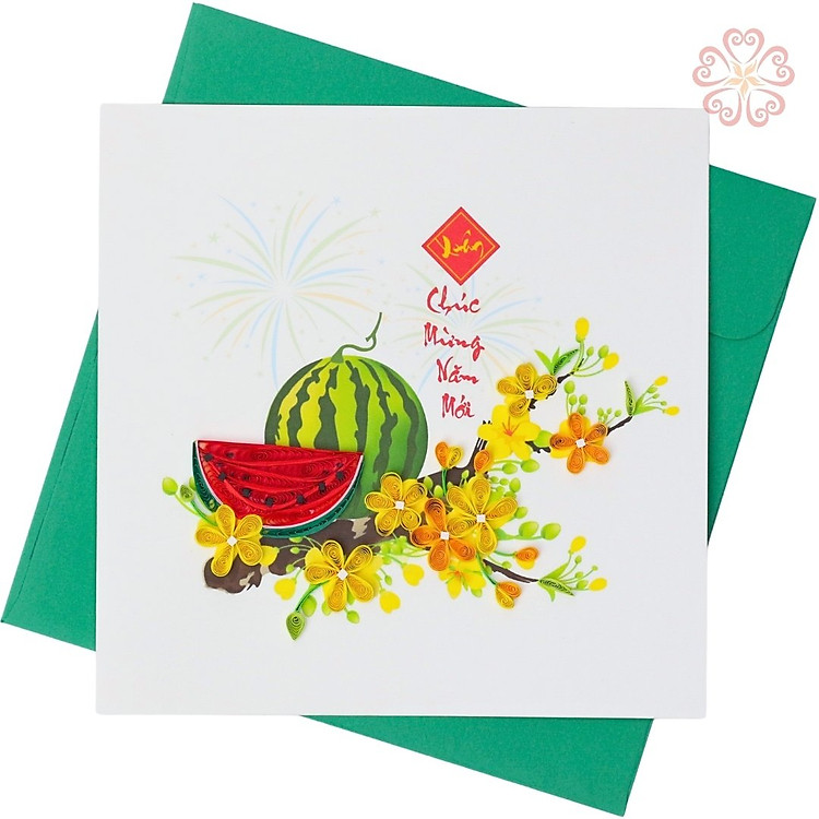 Thiệp Giấy Xoắn năm mới , dưa hấu tết size 15x15cm