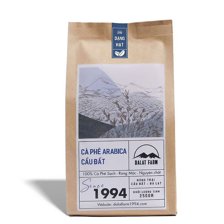 Cà phê hạt Arabica Cầu Đất rang xay mộc nguyên chất - Túi 250Gr (Dạng Hạt)