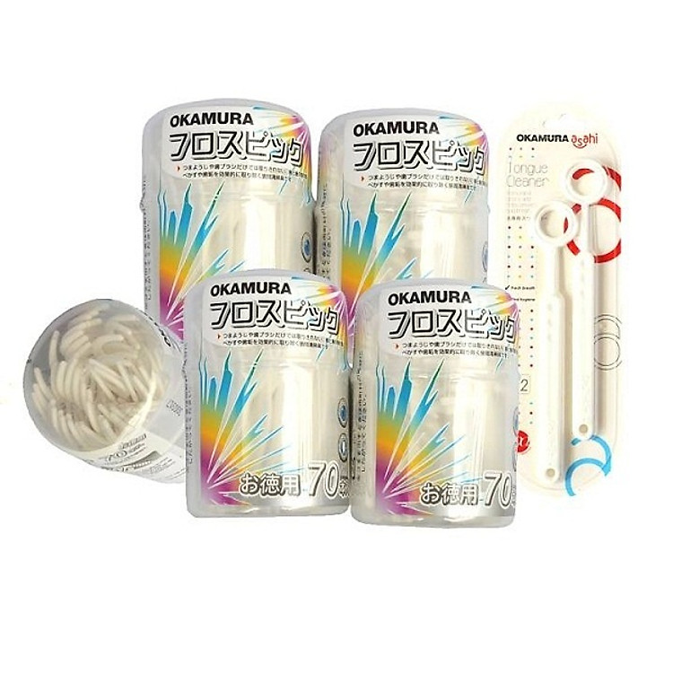 Combo 5 hộp Tăm Chỉ Nha Khoa 70 cái + tặng 1 dụng cụ cạo lưỡi siêu sạch