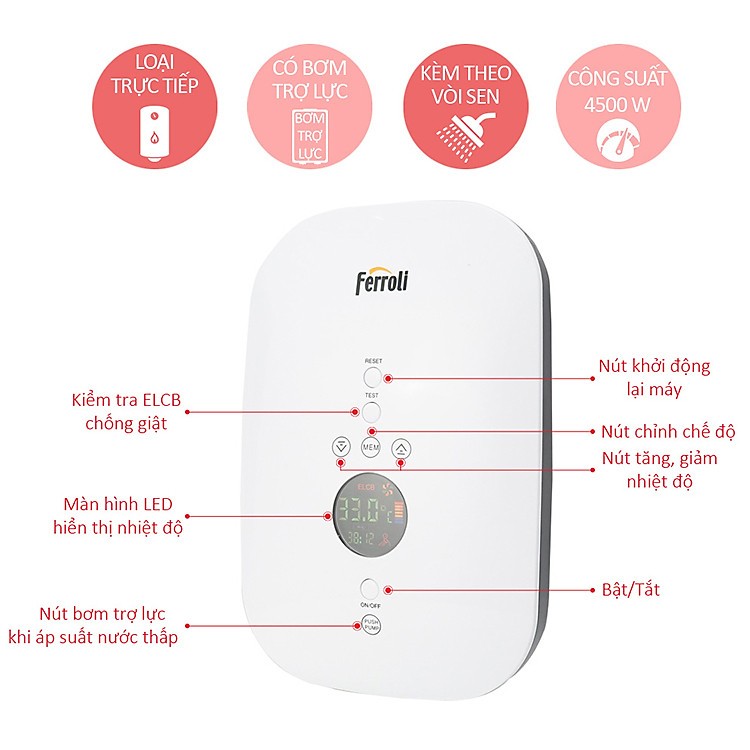Bình nước nóng trực tiếp Ferroli Slim Divo SDP 4.500W, hiển thị điện tử, có bơm tăng áp - Hàng Chính Hãng