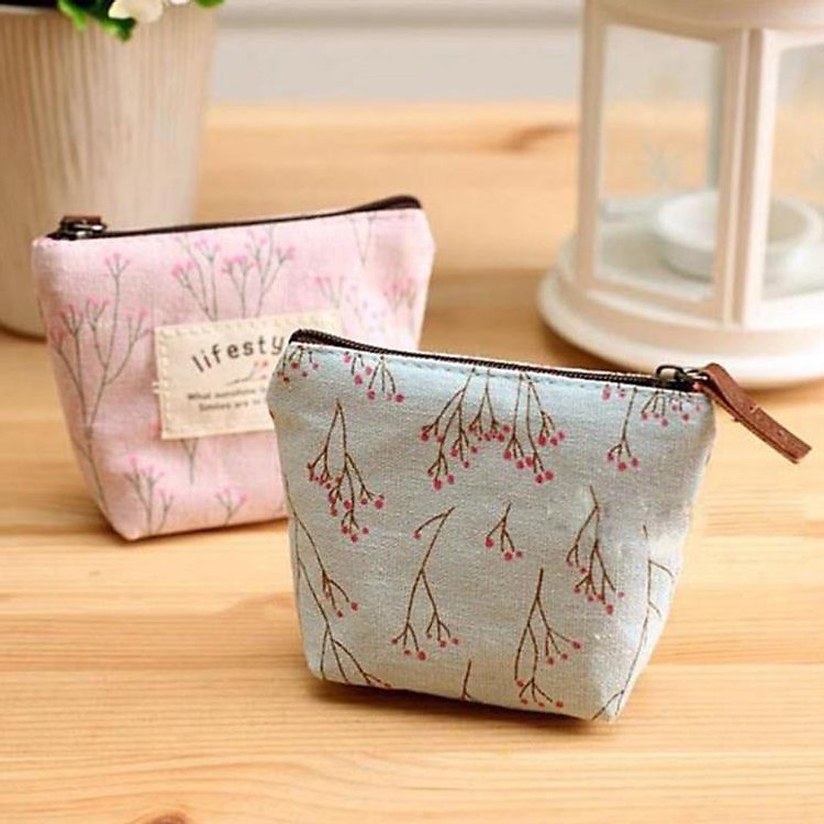 Ví Đựng Tiền Mini Vải Canvas Họa Tiết Hoa Xinh Xắn Cho Bạn Gái