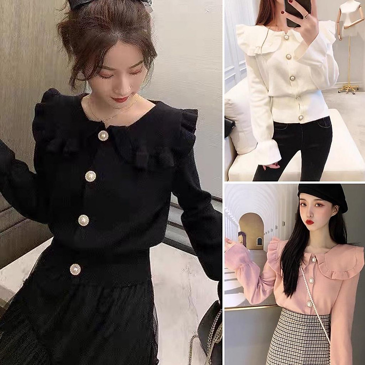 Áo len cổ bèo sen tay xoè khuy ngọc tiểu thư