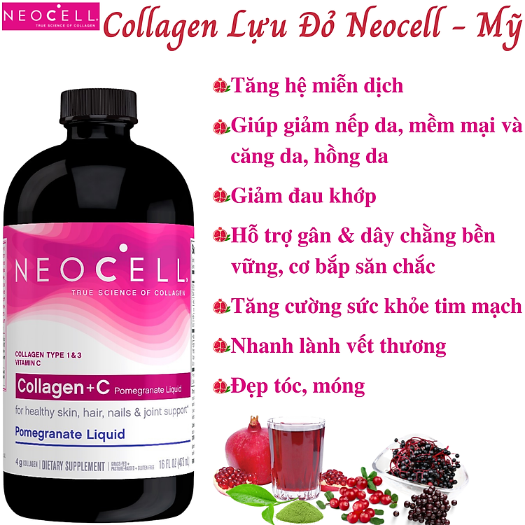 Collagen nước lựa đỏ Neocell Collagen +C Mỹ Tạo sức khỏe cùng đẹp từ bên trong cho da, tóc, móng, xương khớp - Massel Official – 473ml/chai
