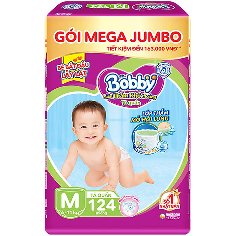 Tã Quần Bobby - Đệm Lưng Thấm Mồ Hôi M124 (124 Miếng)