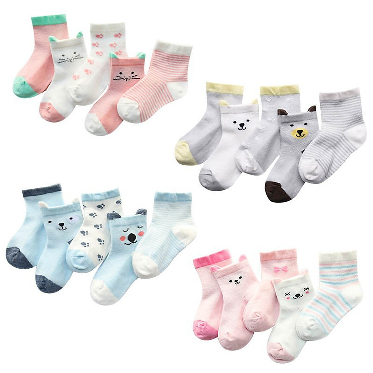 Vớ cho bé-Set 5 đôi vớ cotton lưới in hình cho bé từ 6 tháng đến 2 tuổi