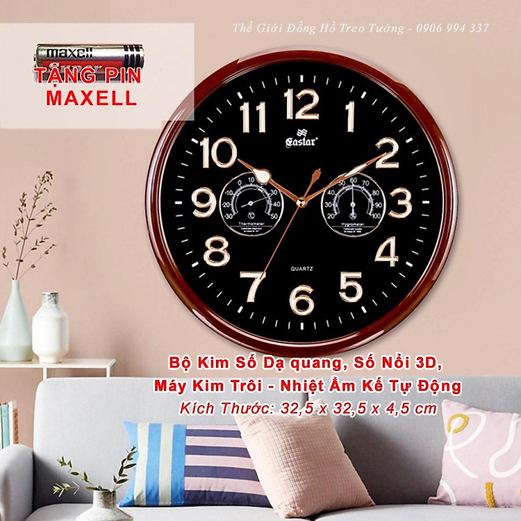 Đồng Hồ KIM TRÔI EASTAR Tròn có DẠ QUANG và NHIỆT ẨM KẾ Cơ Đo NHIỆT ĐỘ ĐỘ ẨM - Tặng Pin Maxell - Bảo Hành 1 Năm