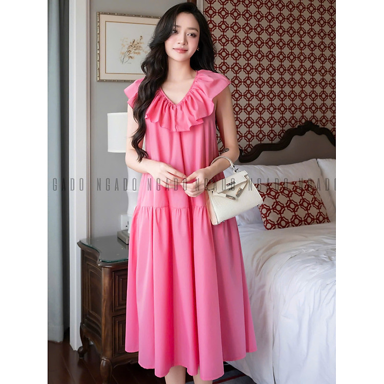 Đầm hồng cổ nhún NGADO , đầm dáng babydoll , đầm dài