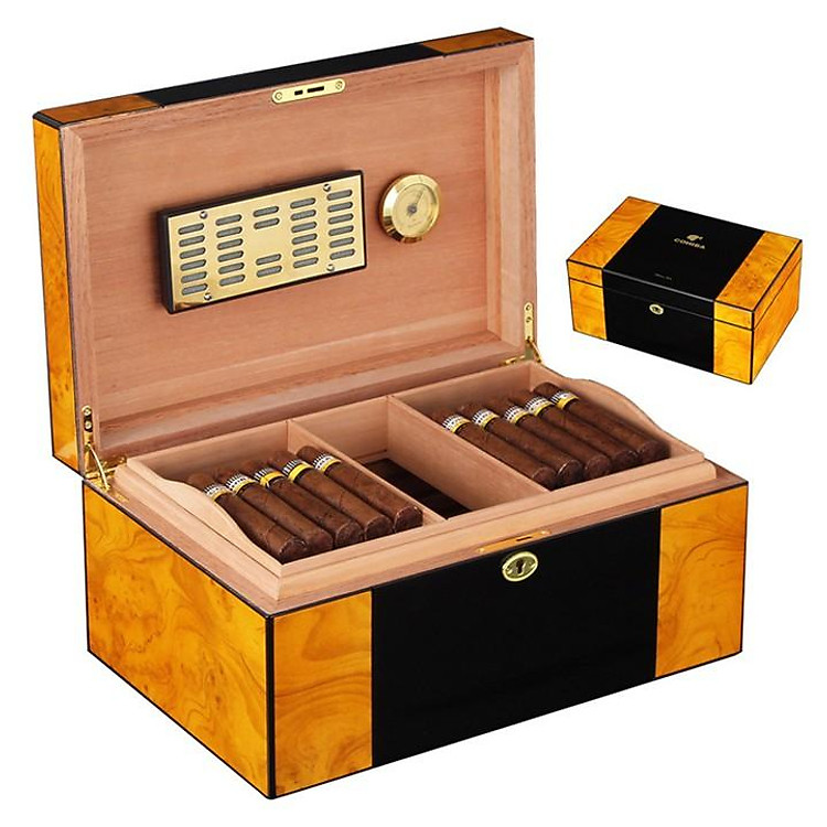 Tủ xì gà mini gỗ tuyết tùng cao cấp bảo quản giữ ẩm cigar có chìa khóa màu vàng đen sang trọng làm quà biếu tặng sếp