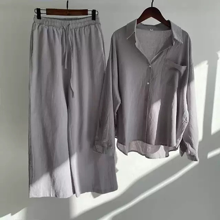 Set bộ linen gồm áo sơ mi nữ có túi và quần dài ống suông, phong cách nhẹ nhàng, tiểu thư, Hàn Quốc BV08