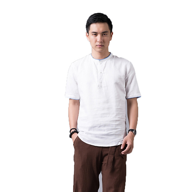 Áo sơ mi nam cộc tay cổ tròn trắng Rough