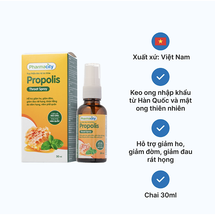 Xịt họng Pharmacity Propolis Throat Spray giảm ho khan hoặc ho có đờm (30ml)