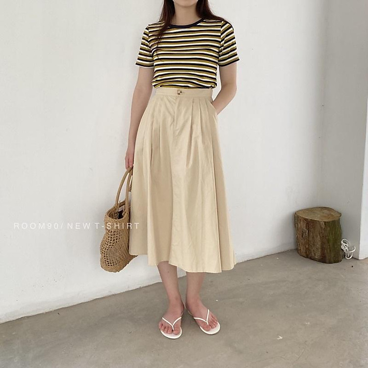 Chân váy thô kaki xòe dài, vintage - 3 mầu TRẮNG / ĐEN/ KEM 2103