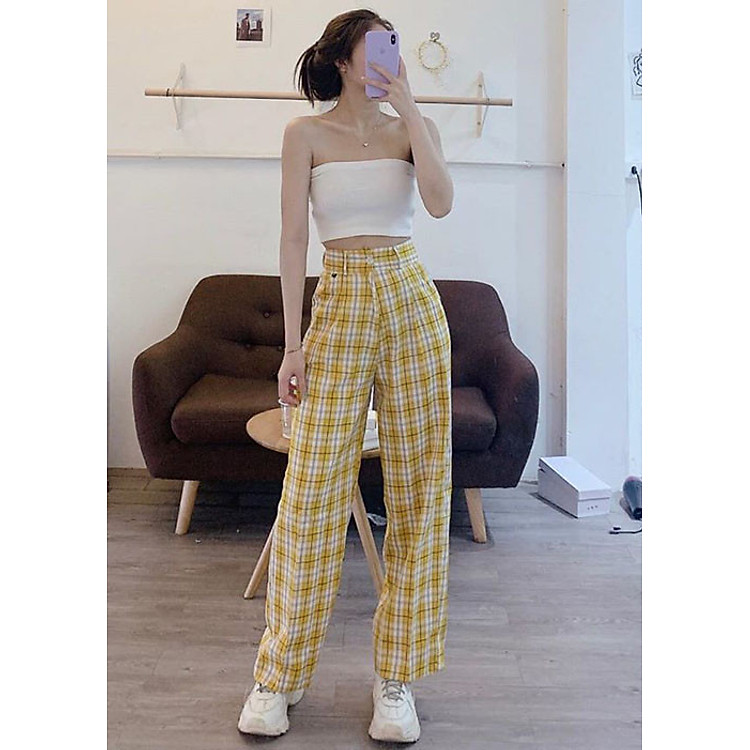 quần vải kẻ ống rộng