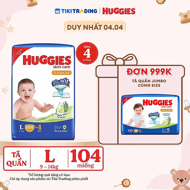 Tã quần Huggies Skin Care Mega Jumbo L100+4 miếng với tràm trà dịu da