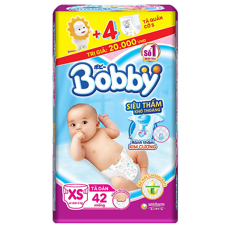 Tã Dán Sơ Sinh Bobby Gói Trung XS42 (42 Miếng) + 4 Miếng Tã Quần Size S