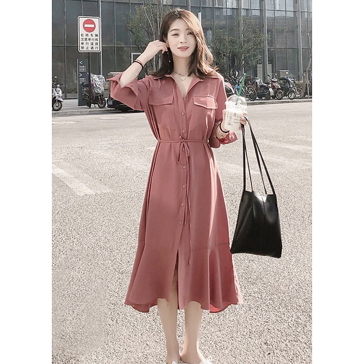 Đầm sm hồng ruốc túi hộp