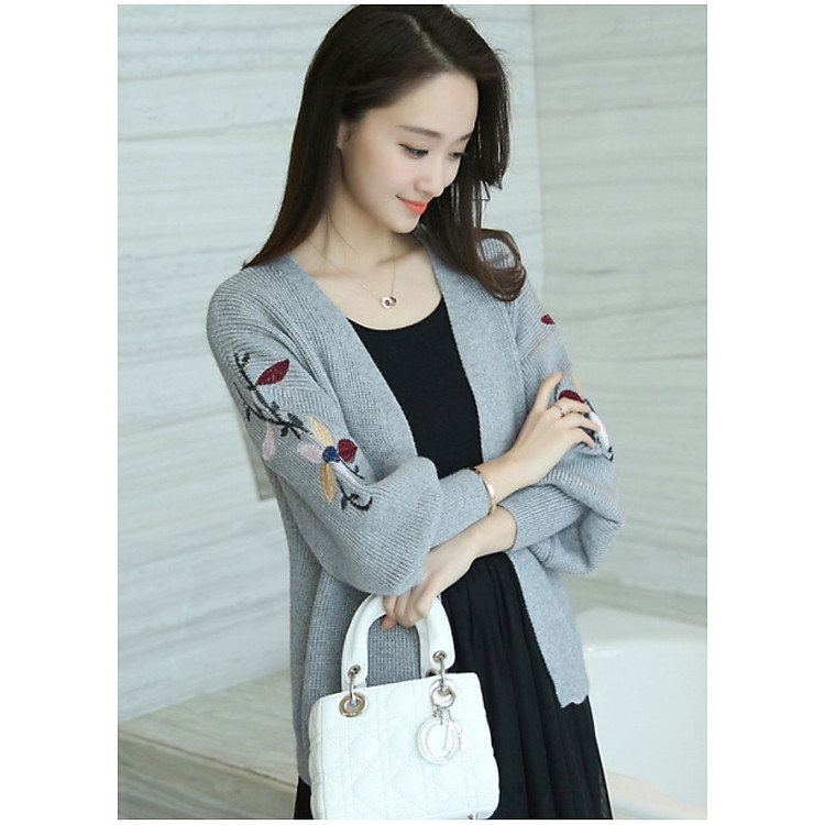 Áo Len Nữ Thu Đông Kiểu Khoác Nhẹ Cardigan Thêu Hoa Mẫu Tay Bồng ALN022 MayHomes