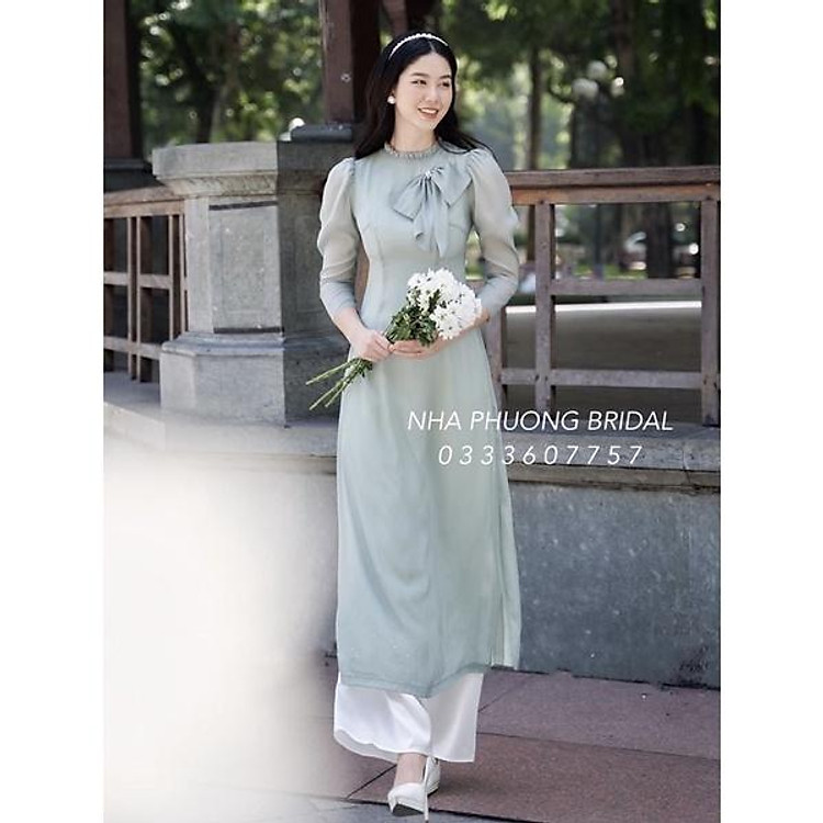 ÁO DÀI CÁCH TÂN 4 TÀ CỔ XẾP LI TAY PHỒNG/ Áo dài voan tơ may sẵn Nhã Phương Bridal