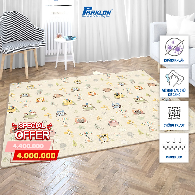 Thảm Em Bé Cao Cấp Parklon PE Họa Tiết Cú Con Đáng Yêu Chính Hãng Hàn Quốc (200x180x1.7)cm Chống Bụi Kháng Khuẩn Khử Mùi Chống Ồn Chống Trượt Chống Sốc (Single side PE Prime-Little Owl-(200x180x1.7)cm)