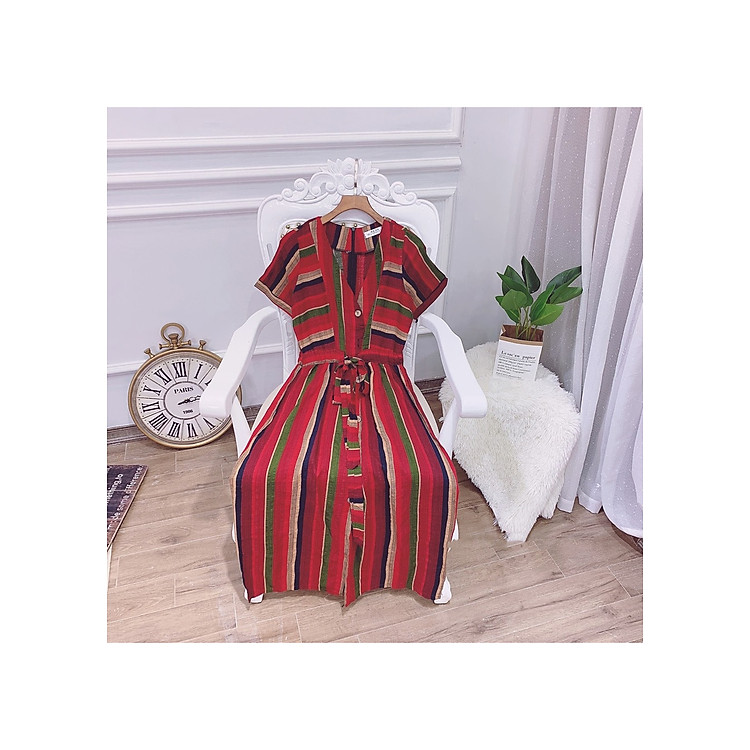 Đầm Suông Kẻ Sọc Dọc Nhấn Eo Phong Cách Hàn Quốc