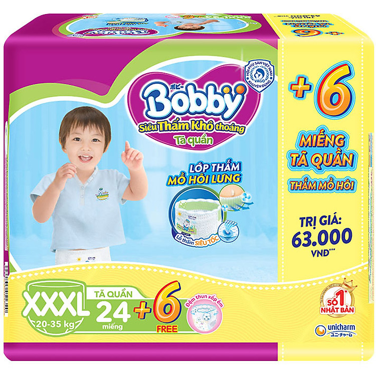 Tã Quần Bobby - Đệm Lưng Thấm Mồ Hôi XXXL24 (24 Miếng) - Tặng 6 Miếng Trong GóI