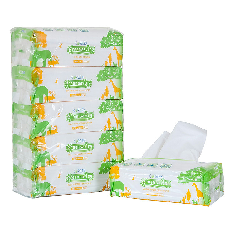 Khăn Giấy Rút Đa Năng Greensaving Lốc 5 Gói (150 Tờ x 2 Lớp / Gói)